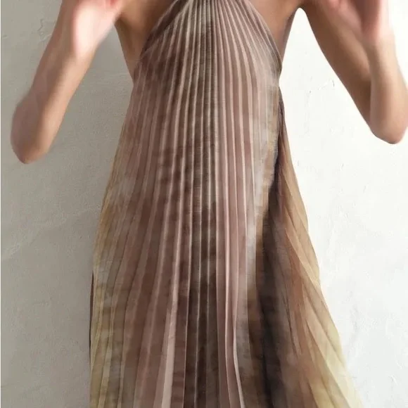 Zara pleated halter / pleated midi dress with beaded strap - Picture 2 of 6